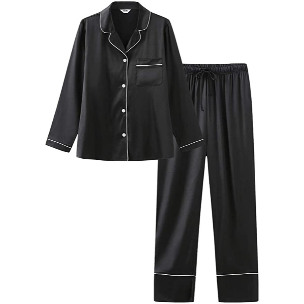 NWT HOdo Women's XL Navy & White Contrast Silky Satin Button Pajamas Set - Picture 4 of 7